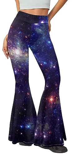 Renewold Women Ladies Fashion Flared Leggings Galaxy Space Print Women's Yoga Pants Athletic Stretch Leggings Bottoms High Waisted Home Office Party Bootcut Pants Size S