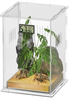 Giznzg Terrarium für Reptilien, Reptil Fütterungsbox, Acryl Terrarium mit Digitales Thermometer Hygrometer Reptilienzuchtbox für Spinne/Schnecke/Frosch/Eidechse/Schildkröte (25x15x15cm)