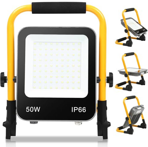 Randaco LED Baustrahler, 50W 5000LM Tragbar LED Arbeitsleuchte Baustrahler 6000K Kaltweiß Bauscheinwerfer, IP66 Wasserdicht mit 3M Kabel und Faltbarer Ständer, für Baustelle (mit Stecker)