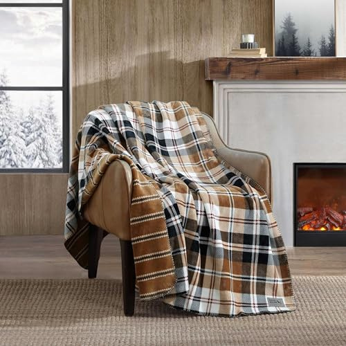 Eddie Bauer - Throw Blanket, Ultra-Soft & Reversible Plush Bedding, Throw Blanket for Couch & Bed (Trailhead Plaid Beige, 60 x 70)