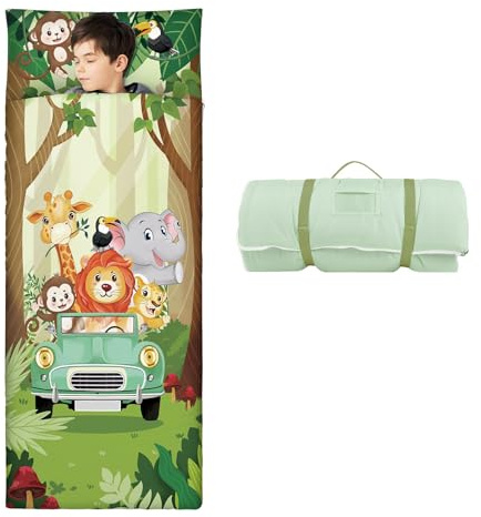 Sac de Couchage Chaud pour Enfants avec Oreiller Amovible, Tapis de Sieste Pliable pour Filles et Garçons, Couverture de Sieste avec Double Fermeture Eclair pour Camping Garderie, Voitures d'animaux