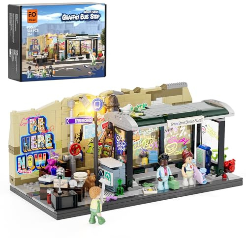 FUNWHOLE Graffiti Bus Stop Light-Up Building Blocks, Street-Style City Town Bus Station, 516 Pieces, Street Scene Decor Gift for Adults & Hip-Hop & Street Art Fans, F9066