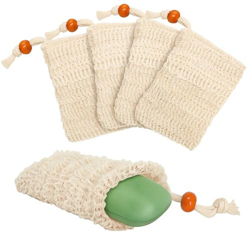 4 PCS Sac à Savon, Sac Savon Solide, Sachets à Savon Bio en Sisal Naturel, Sûrs, Durables et Écologiques, Parfaits pour Savon Solide et Shampooing, Dimensions 14 x 9 cm