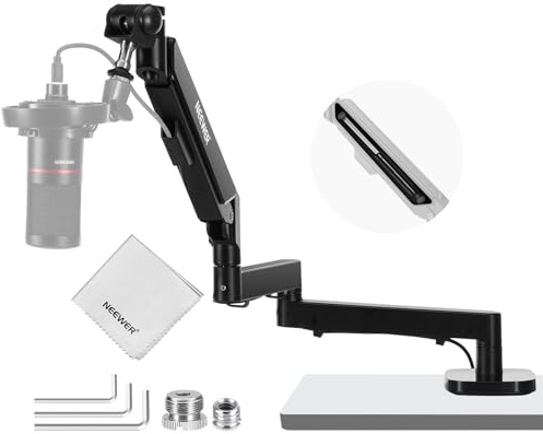 NEEWER MS002 Supporto Braccio Microfono Boom da Scrivania a Basso Profilo, Girevole 360°, Smorzamento Pneumatico Regolabile, Gestione Cavi, Panno Pulizia, Compatibile con Shure MV7 SM7B Blue Yeti Mic