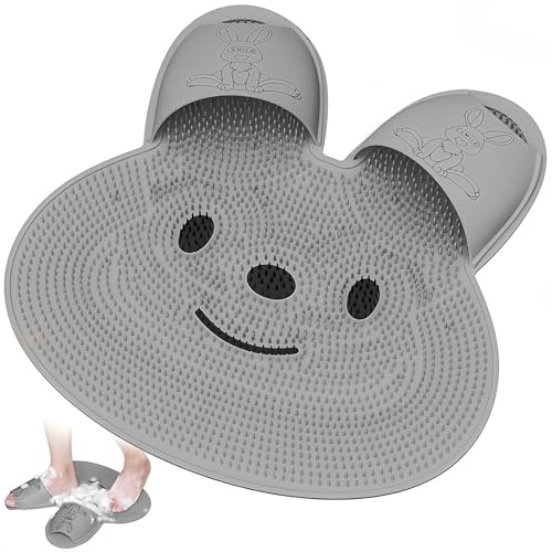 CharmBurst Grande Brosse de Pieds en Silicone pour Douche, avec Ventouses Antidérapantes, Brosse en Forme de Lapin, Gris, pour Exfoliation des Pieds et du Dos, 45x45 cm