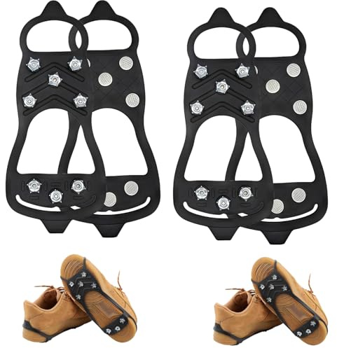 2 Pairs Ice Grippers for Boots and Shoes Anti Slip Snow Cleats with Heavy Duty Steel Spikes Traction for Winter Walking Hiking Climbing Outdoor Travel Fishing Camping for Men and Women