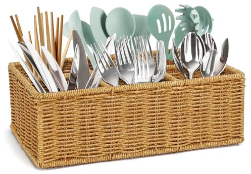 Allhercom Wicker Silverware Caddy for Party, Woven Rattan Utensil Holder, Knife Fork Spoon Holder, Countertop Cutlery Storage Box, Cabinet Tabletop Silverware Organizer (Brown Gold)