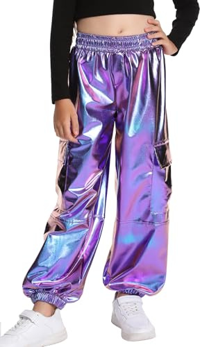 SEAUR - Pantalón de carga metálico brillante para niña, pantalones de baile, jazz, Hip Hop Disco Party Street Dancewear Cinturón Elástico 6-13 años, morado, 12-13 Años