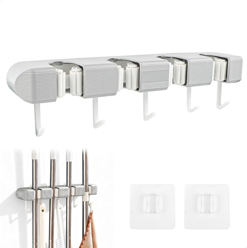 mongtsamz Colgador Escobas y Fregonas,Soporte Escobas pared Adhesivo con 4 Soportes y 5 Ganchos,Soporte Escobas Pared para Herramientas de Jardín para Cocina, Baño, Jardín, Balcón, Hogar, Garaje