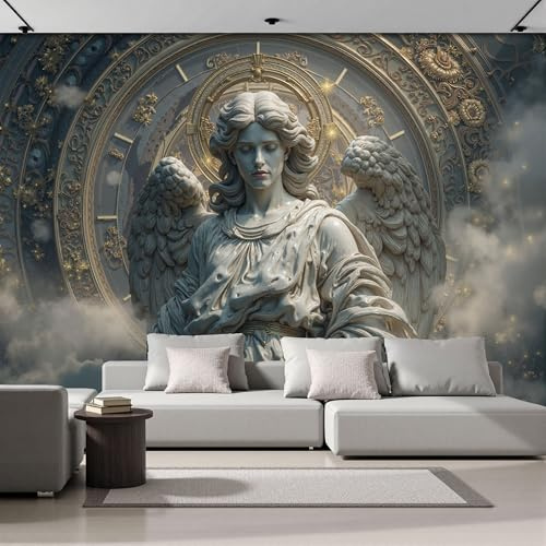 Papel Pintado de Seda Escultura Barroca Papel Tapiz Fotográfico Figura De Alas De Reloj Antiguo Fotomurales XXL Moderna Decorativos Murales para Diferentes Espacios, 350x250cm, Marrón Claro