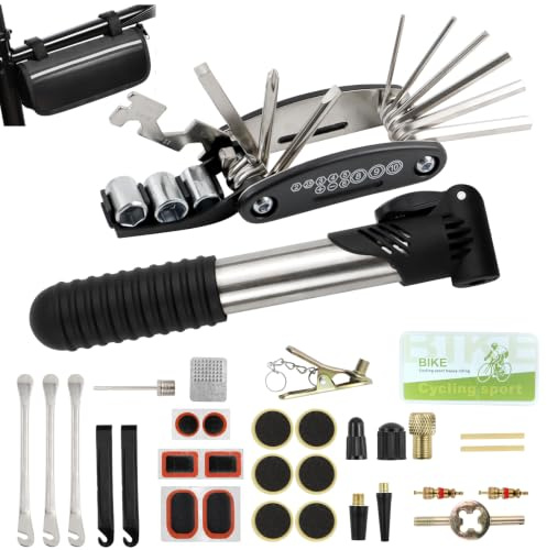 MISIQIMA 34pcs Kit Reparation Velo, Kit Rustine Velo Portable Comprenant Un Outil Multifonction 16-en-1, Une Pompe à Air, des Outils de Réparation de Crevaison, Convient aux VTT, Élos de Route