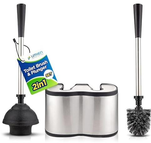 UMIEN Toilet Brush and Plunger Set 18-in - Updated 2025 No-Rust - Stainless Steel Design - Long Handles - with Freestanding Canister