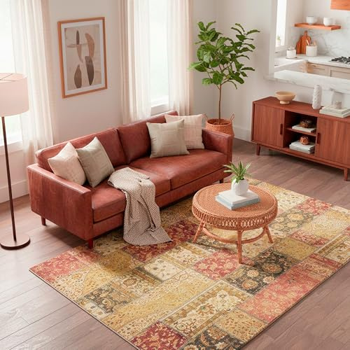 TESSO LIVING Kelim Patchwork Teppich Rot 155 X 225 cm - Maschinenwaschbar - Moderner Kurzflor Wohnzimmer Teppich - Super Soft