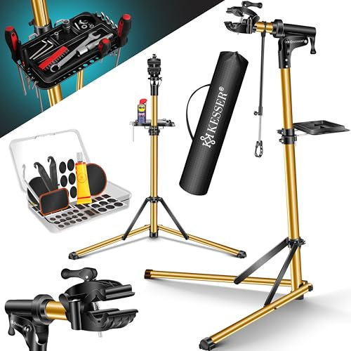 KESSER® Fahrradmontageständer Profi Reparaturständer Aluminium für Fahrräder Mountainbikes E-Bike Schwerlast-Montageständer Fahrradständer +Tasche mit Schnelllösevorrichtungen, 360° drehbar, Gold