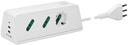 VIMAR 00604.CC.B Presa multipla da scrivania con interruttore e cavo 2m, 1 uscita SICURY universale, 2 uscite SICURY standard italiano, 2 USB A e 1 USB C, spina 16A, bianco