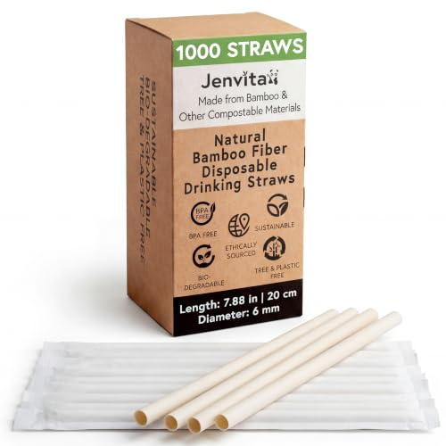 Jenvita Bamboo Powder Straws, 1000 Pack, 7.88 Inch | Biodegradable, Individually Wrapped, Compostable, Durable, All Natural, Hot & Cold Drinks, Commercial