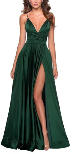 Tvuyet Elegant Long Prom Dresses for Women Ball Gown 2025 Satin Vneck Formal Dresses for Women with Slit Emerald Green 12