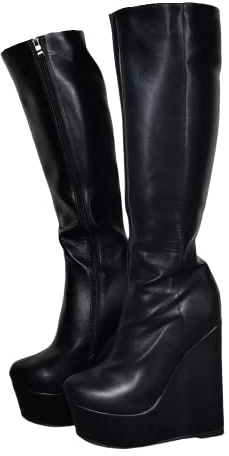 Frankie Hsu Botas largas de tacón alto y ancho para mujer y hombre, talla grande, plataforma de cuña negra, tacón alto, pantorrilla ancha, para mujer US4-19, Negro -, 42.5 EU