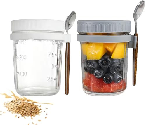 Eastrise Overnight Oats Jars with Lids and Spoon,10 oz Airtight Breakfast Jars with Measurement Marks,Mason Jars with Lid for Salads Cereal Milk Porridge Fruit(2 Pack/White&Grey)