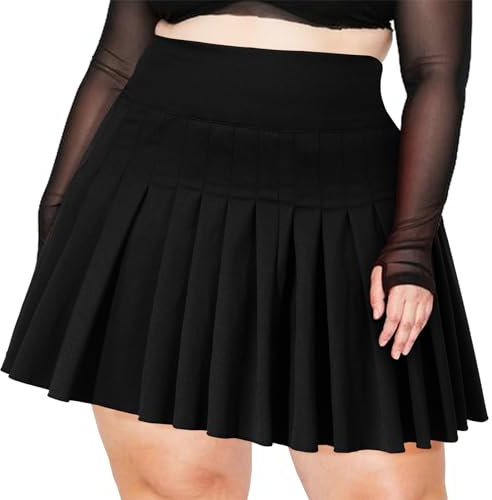 Moon Wood Damen Mini Rock Elastisch Hohe Taille Solid Basic Gefaltet Röcke Tennis Skater Skirt Kurz mit Shorts Große Größe Schwarz XXL