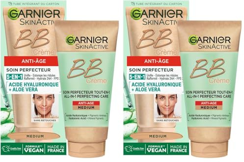 Garnier - BB Crème Anti-Âge - Soin Perfecteur Tout-en-1 Anti-Imperfections - FPS 25 - Enrichi en Acide Hyaluronique & Aloe Vera - Pour Tous Types de Peaux - Teinte : Medium - Skin Active - 50 ml