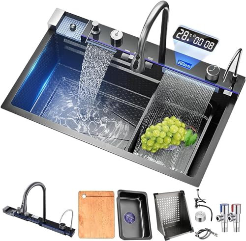 TULAZOU Évier de cuisine T304 en acier inoxydable - Multifonctionnel - Cascade - Avec robinet numérique multifonction et divers accessoires - 80 x 45 cm