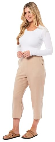 shelikes Womens Capri Trousers Ladies Three-Quarter Soft 3/4 Cropped Pants UK Ladies Stretch Pull-On Trousers Elasticated Waist Summer Shorts (Stone, 14)