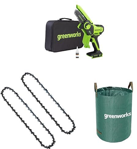 Greenworks 24V 10cm Motosierra a batería sin cable sin batería ni cargador, velocidad de cadena de 7,8 m/s + Cadena de Sierra de 2 piezas para barras de 4 pulgadas (10 cm) + Bolsa de residuos de jardí
