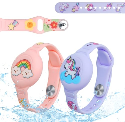 AXFEE 2 st barn klockarmband kompatibel med Apple Airtag (rosa, lila) | Silikonarmband skyddsfodral för AirTag, anti-förlorat justerbart armband, GPS-handledsskydd för barn/småbarn