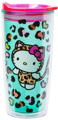 Silver Buffalo Hello Kitty Jungle Leopard - Bicchiere da viaggio a doppia parete con coperchio scorrevole, 590 ml