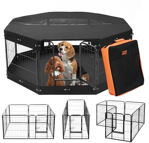 VEVOR Parc pour Chien, 8 Panneaux, enclos Pliable en métal pour Animaux de Compagnie, 610 x 610 mm, clôture intérieur extérieur, avec Porte, Sac de Rangement, Couvercle supérieur et Coussin inférieur
