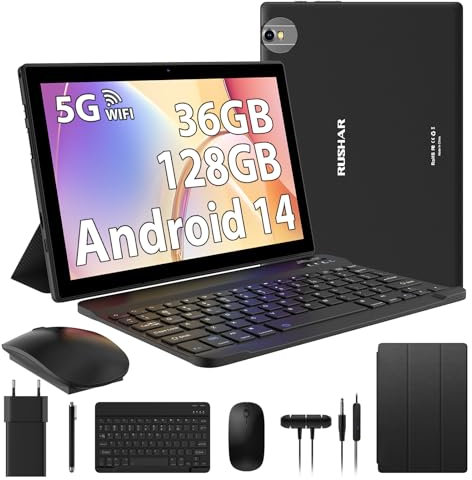 RUSHAR Newest Tablet 10 Pulgadas Android 14 Tablet con Teclado, 36GB RAM+128GB ROM (TF 1TB), Quad-Core 2.0Ghz, 8000mAh, Doble Cámara, 8MP+5MP, Negro