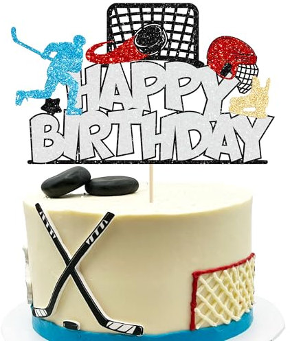 Gyufise 1 x Hockey-Kuchenaufsatz Happy Birthday, Glitzer, Eishockey-Spieler, Sportthema, Kuchendekoration für Hockey-Thema, Babyparty, Jungen, Mädchen, Geburtstagsparty-Zubehör, Weiß