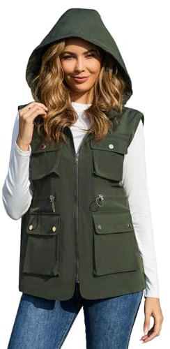 PESION Womens Packable Utility Vest Drawstring Waist Military Sleeveless Lightweight Windbreaker Jacket with Removable Hood, Army Green, Small