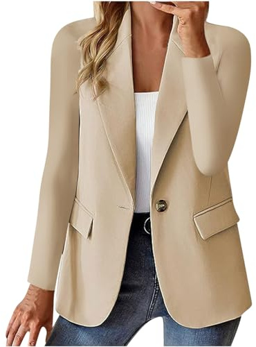 Blazer - Chaqueta de trabajo para mujer, elegante, monocolor, deportiva, cuello corto, chal, manga larga, chaqueta de trabajo con botones, chaqueta blazer entallada, #02 Beige, M