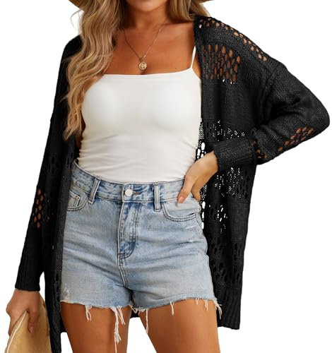 GRECERELLE Crochet Cardigan for Women | Summer Beach Cover Up Lightweight Hollowed Out Open Front Long Cardigans Ladies Sun Protection Beachwear