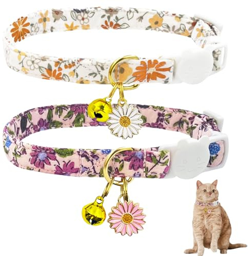 Kabwea Lot de 2 Colliers pour Chat en Coton avec clochettes et Pendentif Fleur, Jolis Colliers de Chat pour Filles, Collier pour Chat, Collier Chat, Collier pour Chat avec Clochette