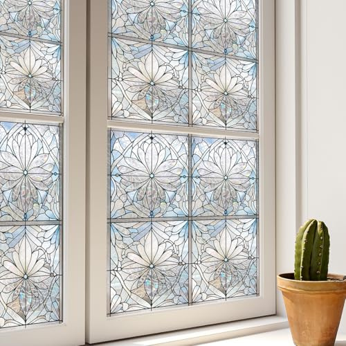 Yenhome Pellicola Decorativa Elettrostatica per Vetri Finestre 40x300cm Pellicola per Finestra Arcobaleno Oscurante Stile Art Nouveau Non Adesiva Anti-UV per Box Doccia Porte Bagno Cucina Impermeabile