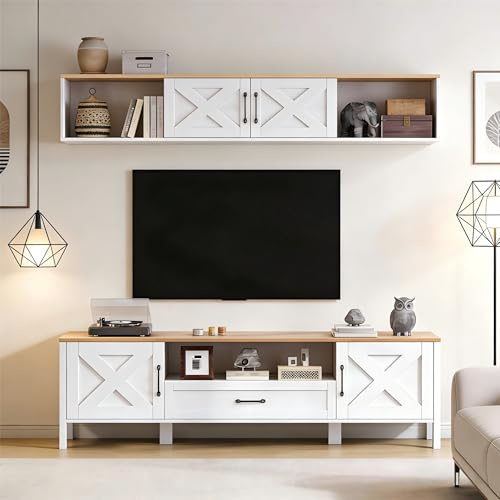 YuQozii Set da parete per TV da 180 x 40 x 50 cm (set completo, 2 pezzi), supporto per TV + vetrina sospesa, set da parete multimediale, con 4 armadi e 1 cassetto, set per TV fino a 80, bianco