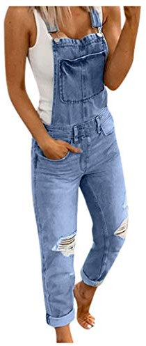 Latzhose Damen Arbeitshose Blaue Jeans Lange Hose Frauen Overall Jumpsuit Playsuit Jeans Vintage Loose Fit Hoseanzug Romper mit Tasche Used-Look (Light blue, L)