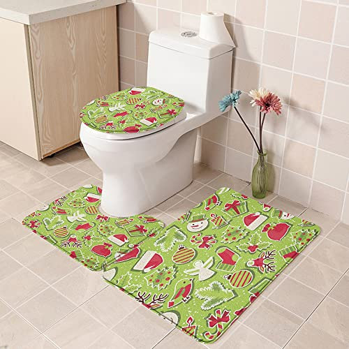 schaum Badezimmerteppich Badteppich Duschvorleger, Weihnachten Cartoon Stil Muster Schneemann Bäume Vögel Hut. Apfelgrün,Teppich Badvorleger Fussmatte rutschfeste Matte für Badezimmer Toilett WC