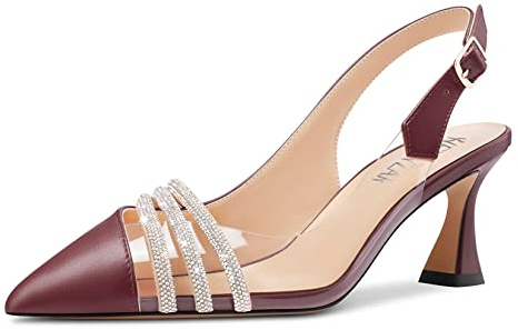 HEUIVZAR Femmes Mi Kitten Talon Heel Pointu Bout Sandales Escarpins Slingback Diamant Cristal Bureau Dress 6.5 CM Heels Rouge Vin 40 EU