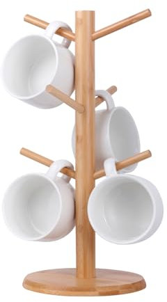 FOSFUKEER Soporte para tazas de café, árbol de bambú con base engrosada, soporte para tazas de café, soporte para tazas de café, caja de almacenamiento con 6 ganchos (color primario)