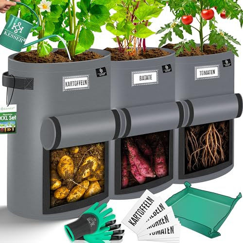 KESSER® Kartoffel-Pflanzsack 3-Set 27L | Kartoffel-Pflanzbeutel aus Vlies mit Namensschildern | Pflanztasche mit Fenster & Griffen | Kartoffelpflanzgefäß waschbar mit Handschuhen & Arbeitsmatte Grau