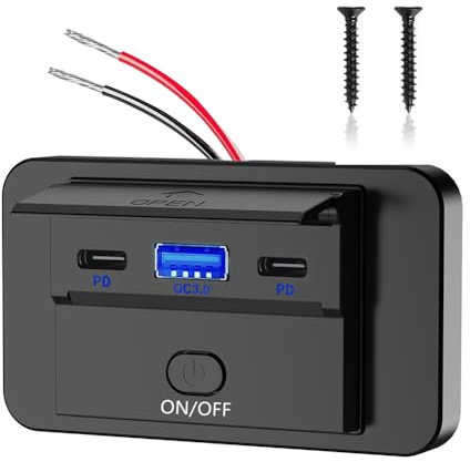 Caricatore per camper con porte USB A e USB C, presa di ricarica da 12 V, 90 W, QC3.0 e PD3.0, interruttore on/off