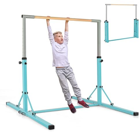 COSTWAY Gymnastik Turnreck, Turnreck 90-150cm höhenverstellbar, Reckstange klappbar mit Rollen, tragbarer Turnstangen bis 100kg belastbar, Reckanlage, Trainingsgeräte (Grün)