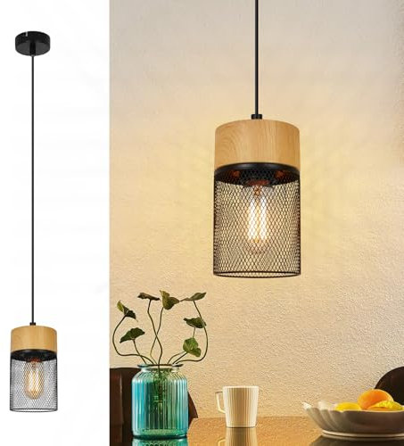 GBLY Hängelampe Vintage Pendelleuchte Esstisch: 1 Flammig Hängeleuchte Schwarz Gitter Holzmaserung Wohnzimmer Esszimmerlampe Industrial E27 Lampenfassung MAX.40W Esstischlampe für Küche Bar Flur