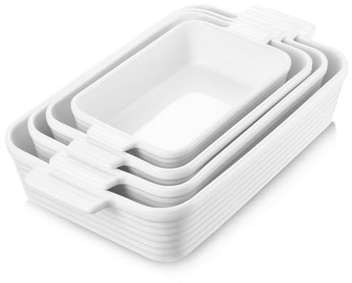 Jassceram Auflaufform Keramische Set von 4 tiefen rechteckigen Lasagne Pfanne Backformen mit Griffen große Porzellan Backofen sicher Backformen für das Kochen Brownie Bankett