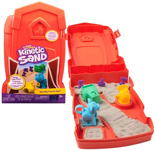 Kinetic Sand, Sandy Farm Set with 340g Play Sand, 6 Tools and Moulds, Reusable Barn Storage Case, Toddler Toys, Kids’ Toys for Girls and Boys Aged 3 and up