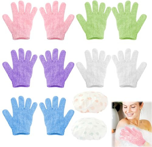 UOCAI 10 Pezzi Guanti Esfolianti e 2 cuffia per doccia, Guanti Da Bagno A Cinque Dita Guanti Da Bagno Esfolianti Guanto Scrub Corpo Guanto Esfoliante per Uomo e Donna per Doccia Spa Massaggio